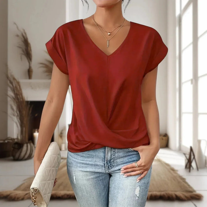 Women's V-Neck Blouse Short Sleeve with Twisted Hem