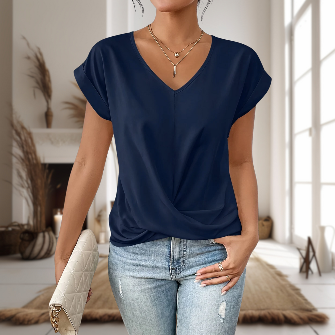 Women's V-Neck Blouse Short Sleeve with Twisted Hem