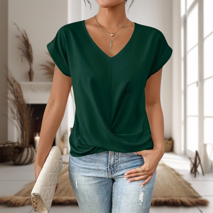 Women's V-Neck Blouse Short Sleeve with Twisted Hem