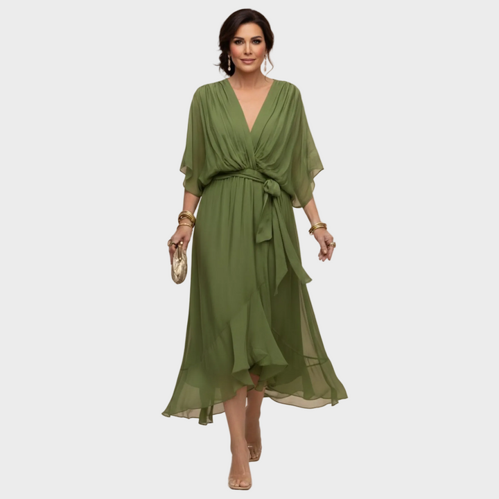 Women's V-Neck Midi Cocktail Dress with Tie Waist