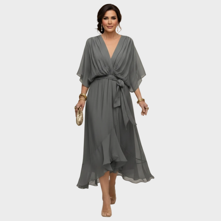 Women's V-Neck Midi Cocktail Dress with Tie Waist