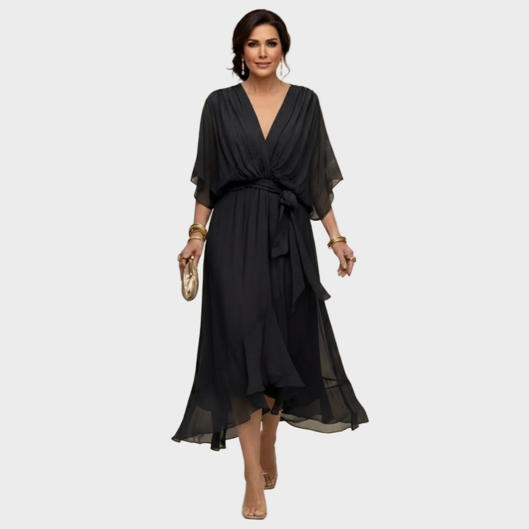 Women's V-Neck Midi Cocktail Dress with Tie Waist