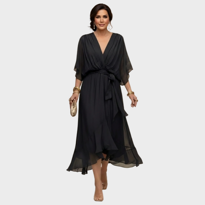 Women's V-Neck Midi Cocktail Dress with Tie Waist