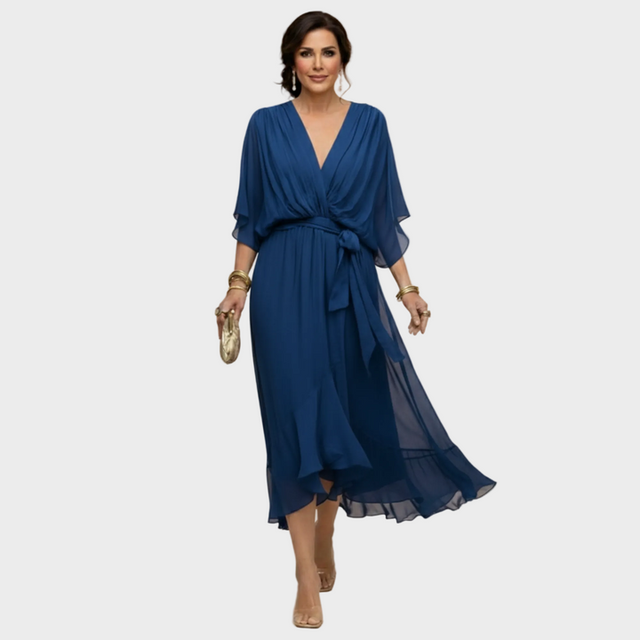 Women's V-Neck Midi Cocktail Dress with Tie Waist