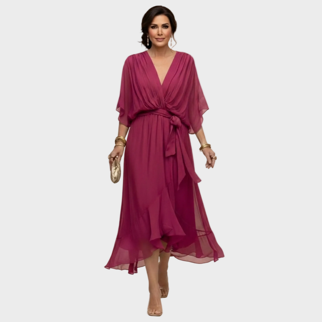 Women's V-Neck Midi Cocktail Dress with Tie Waist