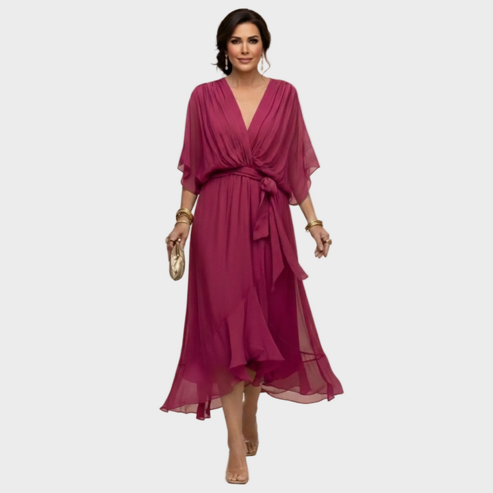 Women's V-Neck Midi Cocktail Dress with Tie Waist