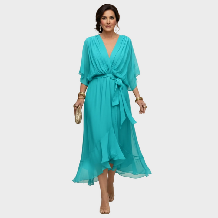 Women's V-Neck Midi Cocktail Dress with Tie Waist
