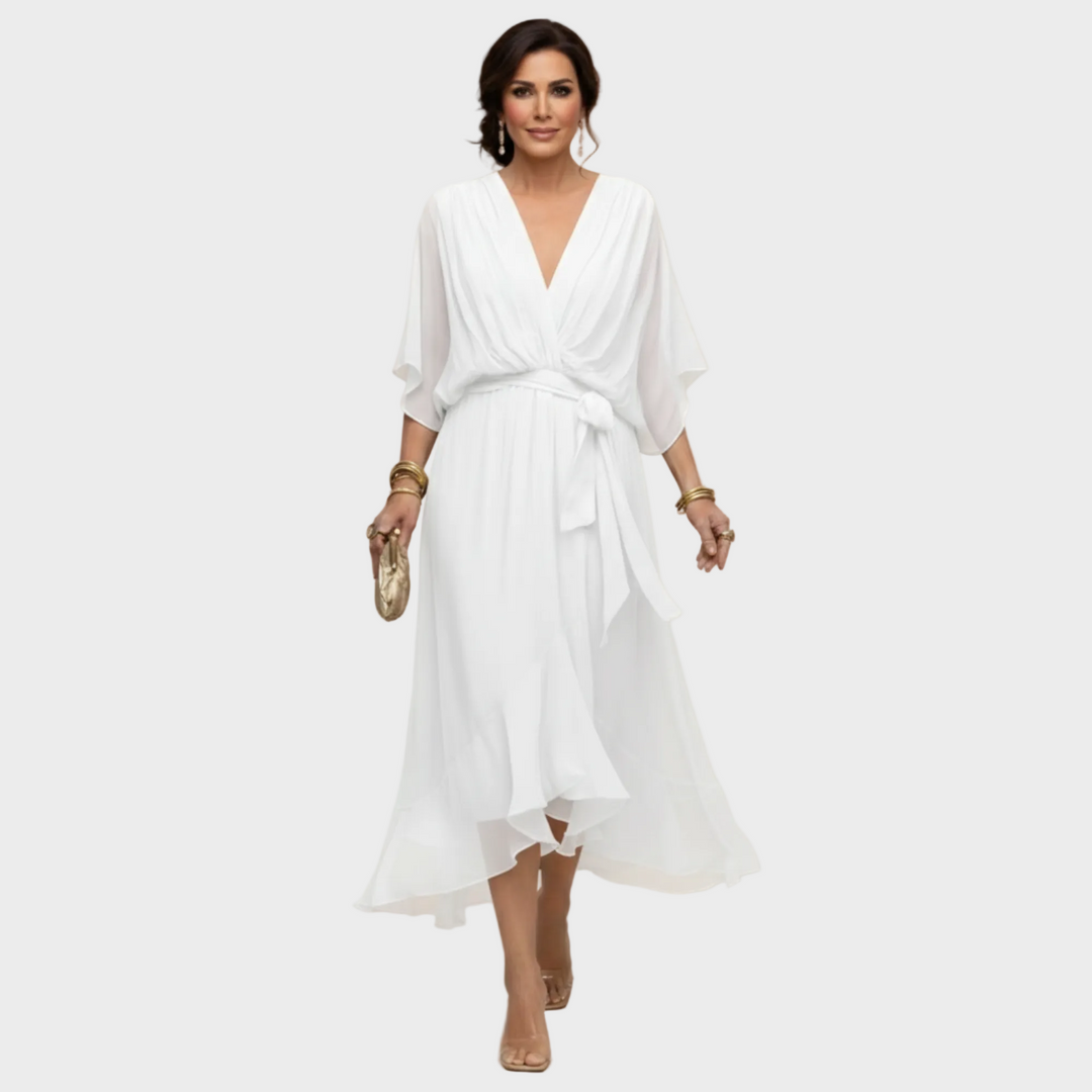 Women's V-Neck Midi Cocktail Dress with Tie Waist