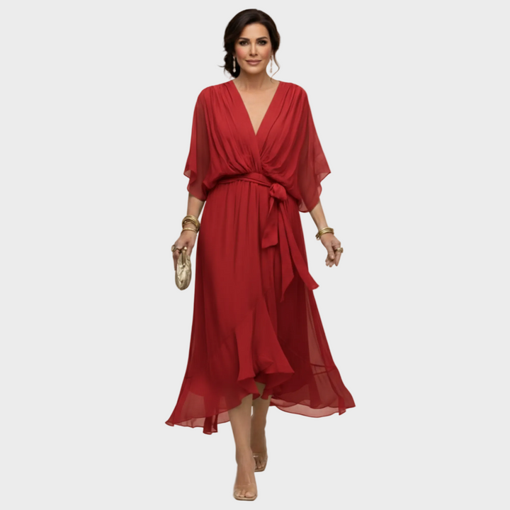 Women's V-Neck Midi Cocktail Dress with Tie Waist