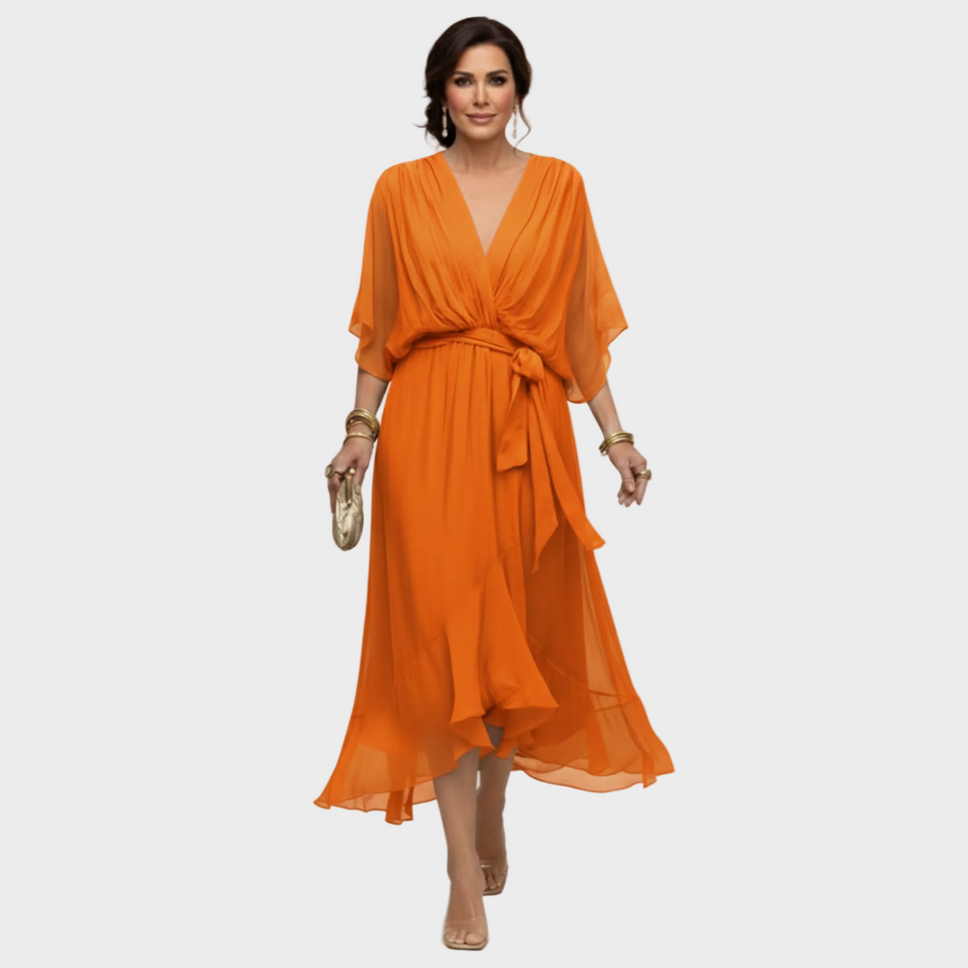 Women's V-Neck Midi Cocktail Dress with Tie Waist