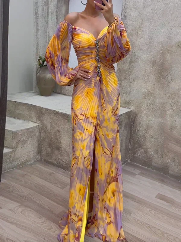 Women's Wedding Guest Maxi Dress Off Shoulder Pleated