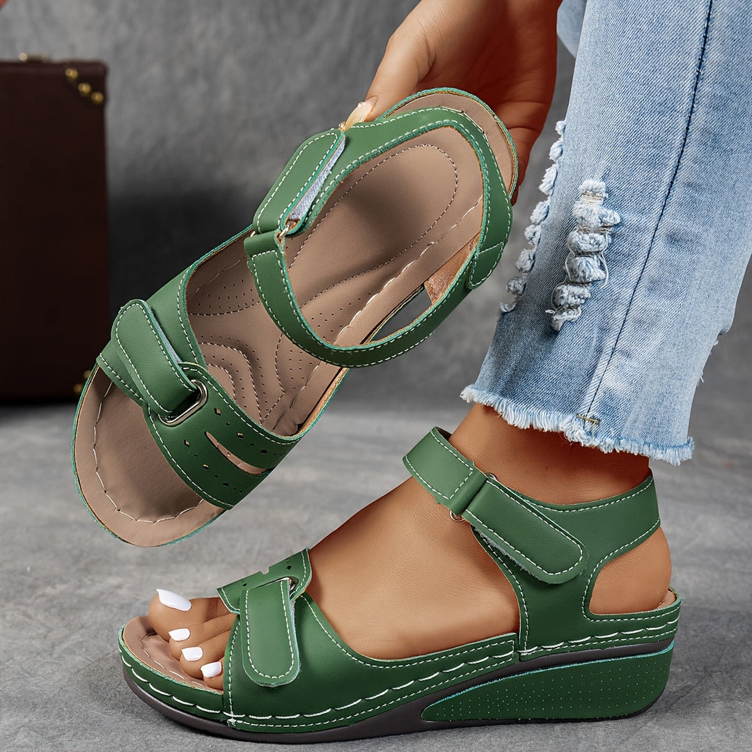Women's Wedge Sandals Leather-Look with Adjustable Straps