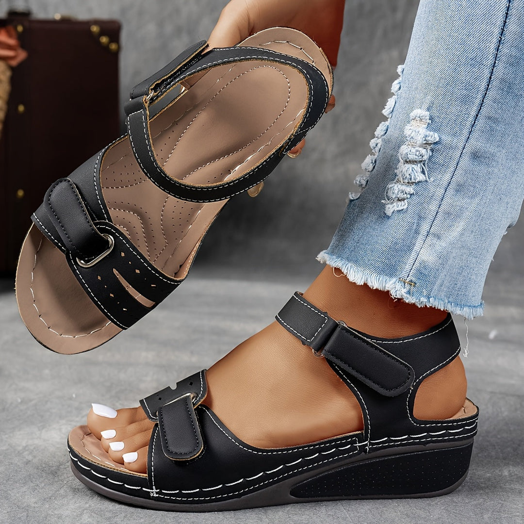 Women's Wedge Sandals Leather-Look with Adjustable Straps