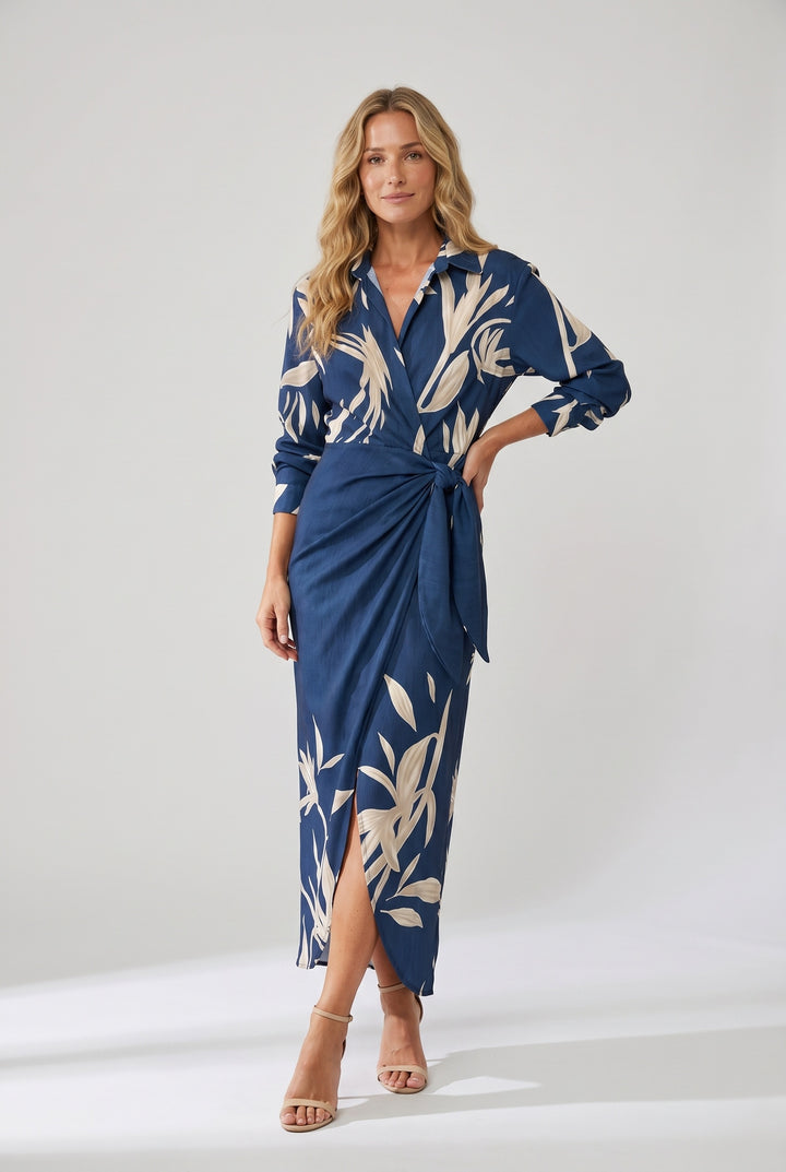 Women's Wrap Maxi Shirt Dress Leaf Print with Tie Waist