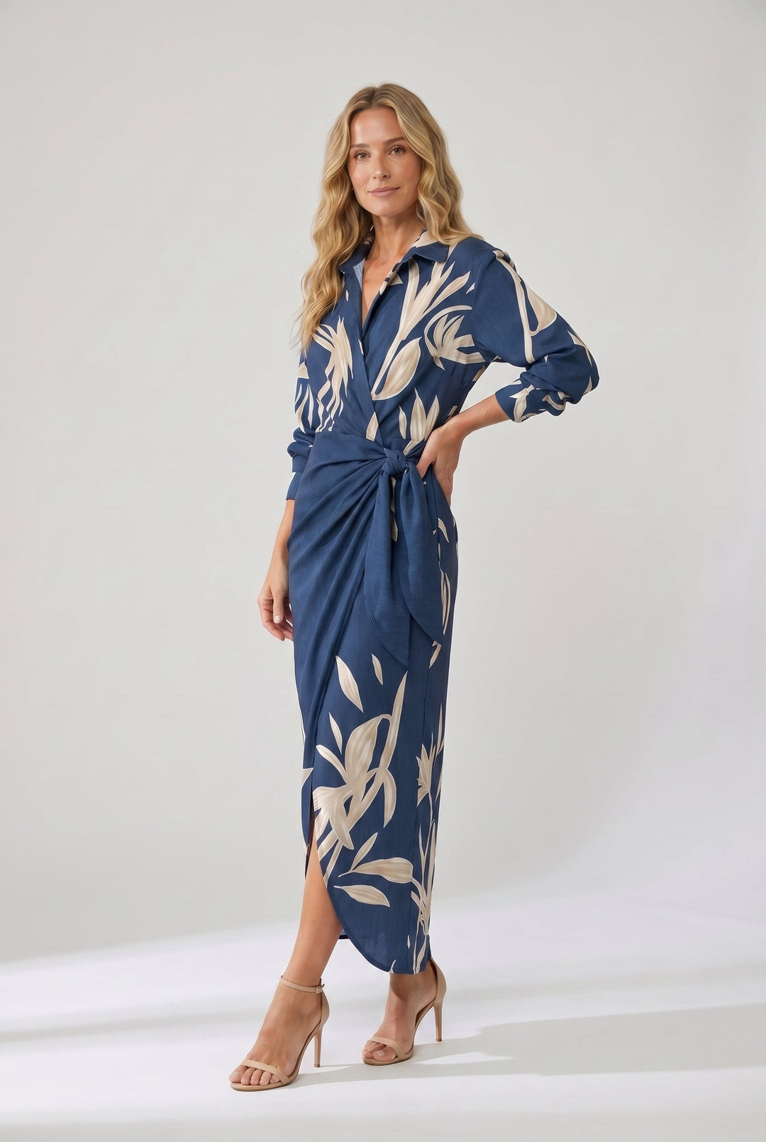 Women's Wrap Maxi Shirt Dress Leaf Print with Tie Waist