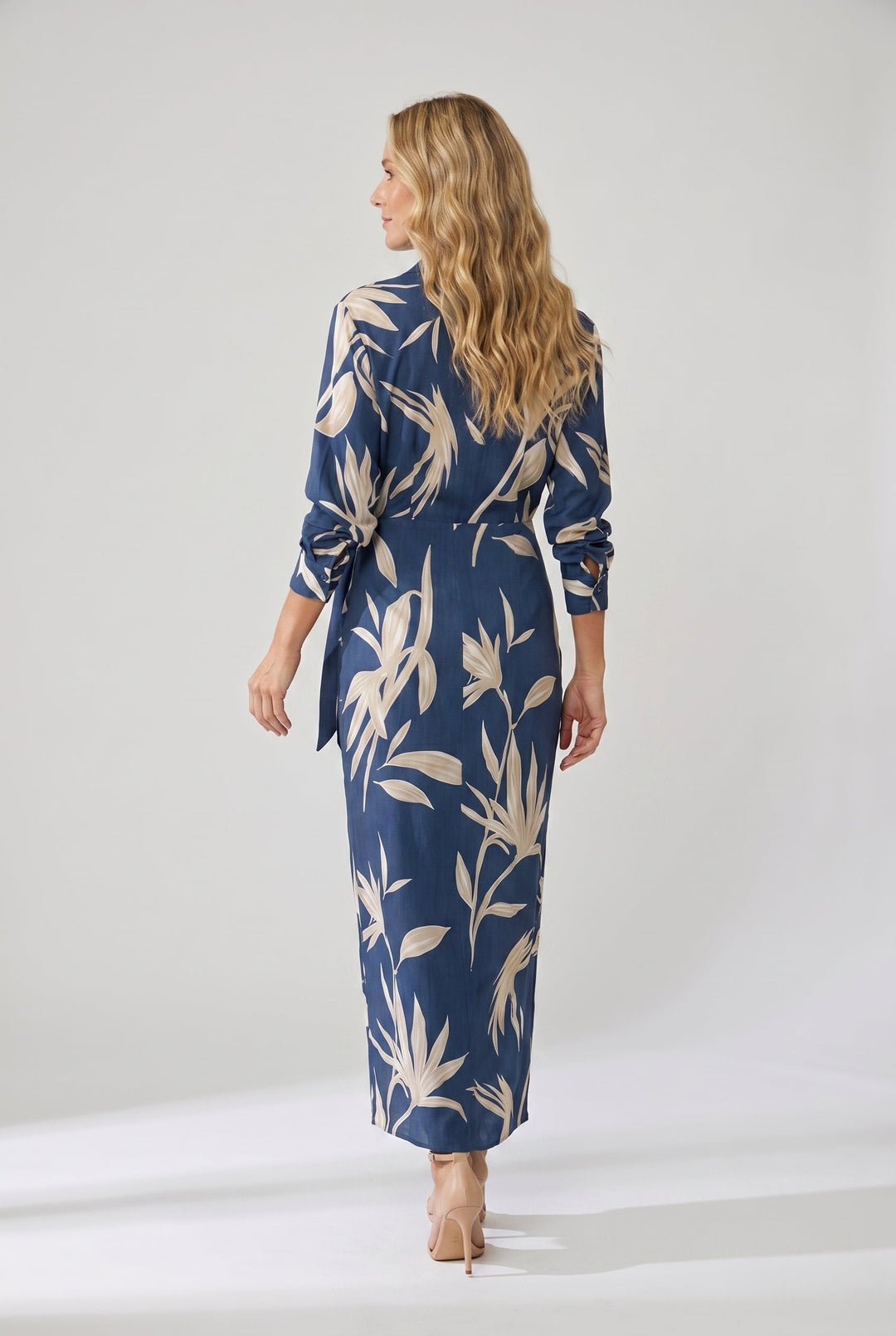 Women's Wrap Maxi Shirt Dress Leaf Print with Tie Waist