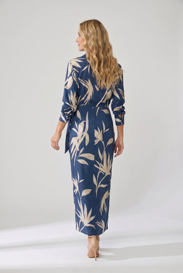 Women's Wrap Maxi Shirt Dress Leaf Print with Tie Waist