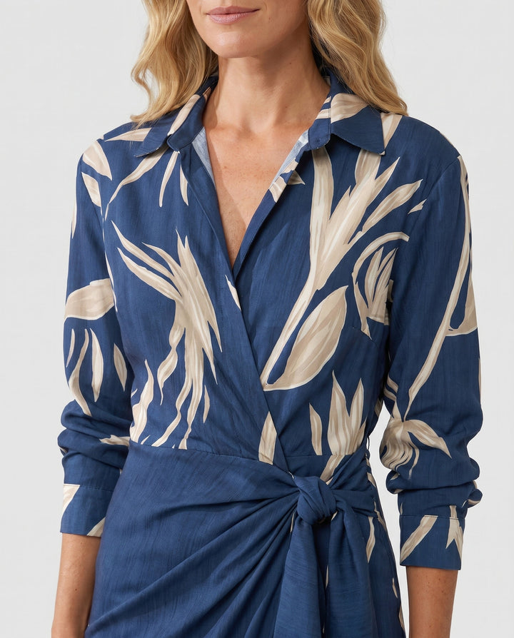 Women's Wrap Maxi Shirt Dress Leaf Print with Tie Waist