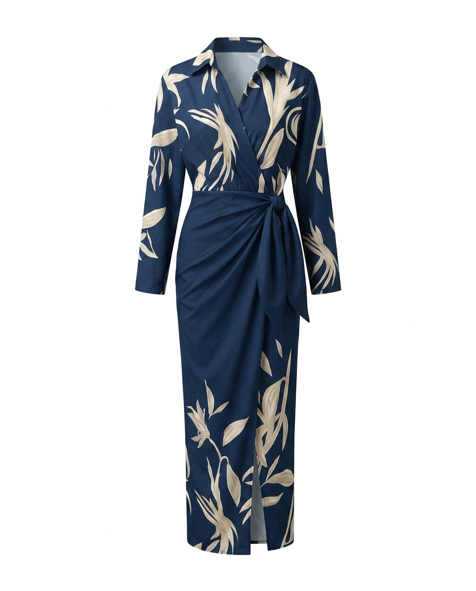 Women's Wrap Maxi Shirt Dress Leaf Print with Tie Waist