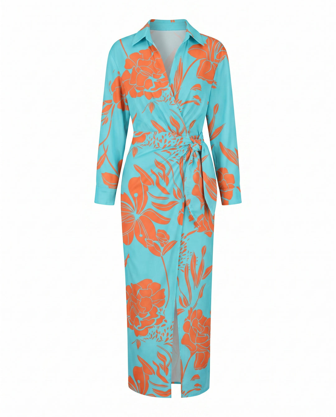 Women's Wrap Maxi Shirt Dress Leaf Print with Tie Waist