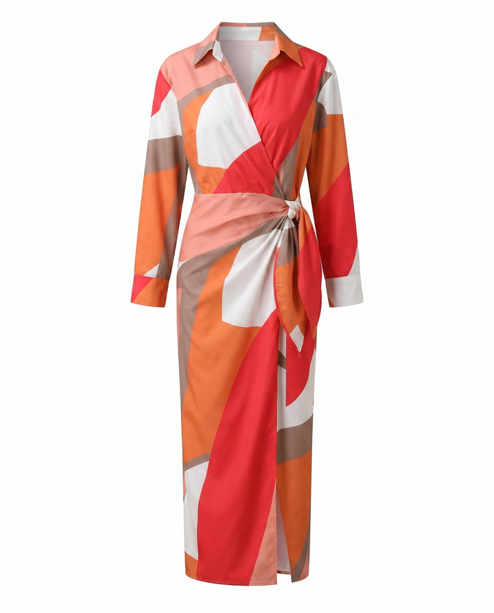 Women's Wrap Maxi Shirt Dress Leaf Print with Tie Waist