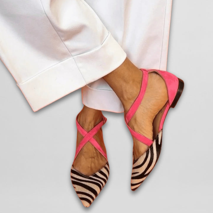 Women's Zebra Print Ballet Flats with Crossed Ankle Straps
