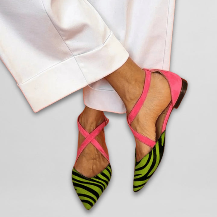 Women's Zebra Print Ballet Flats with Crossed Ankle Straps