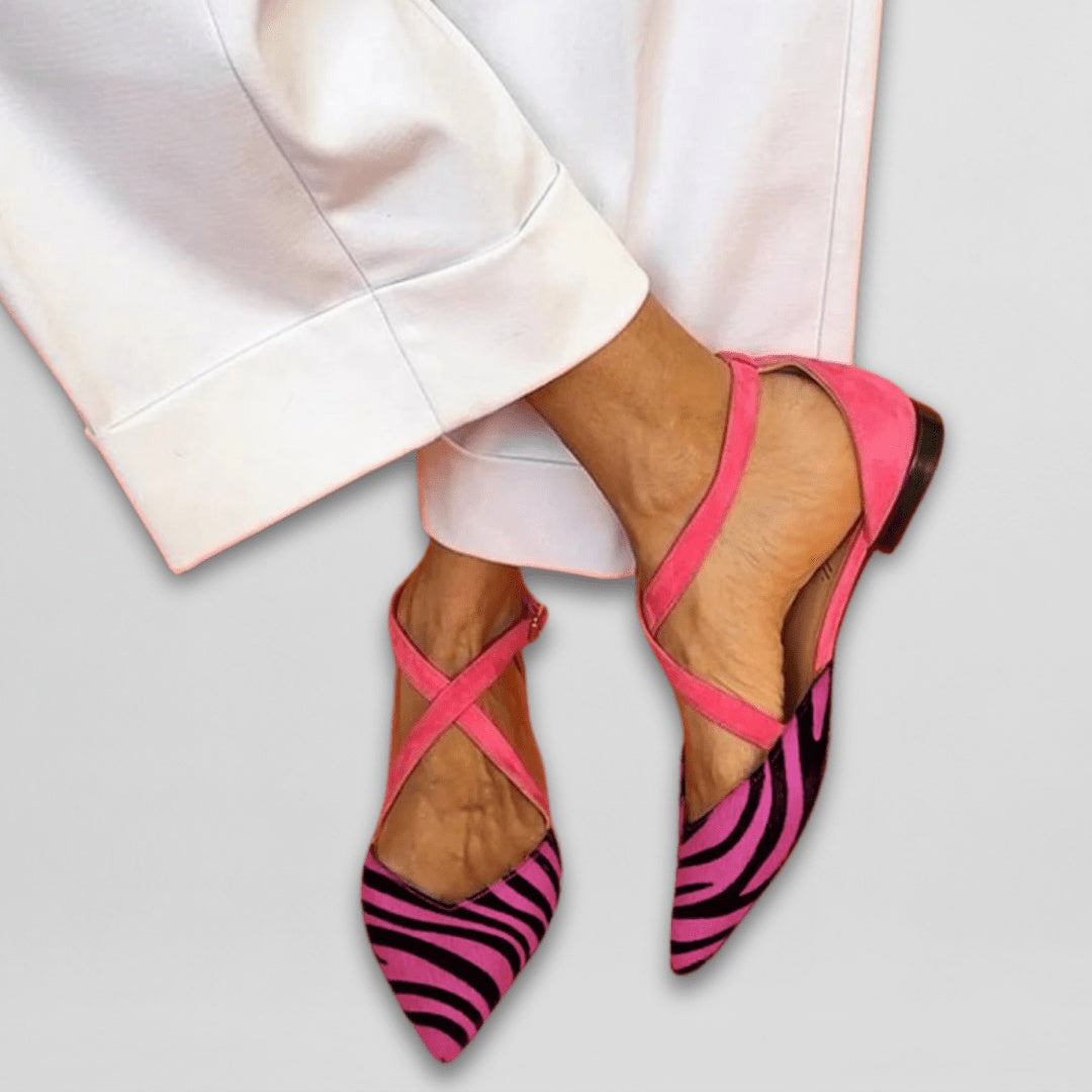 Women's Zebra Print Ballet Flats with Crossed Ankle Straps