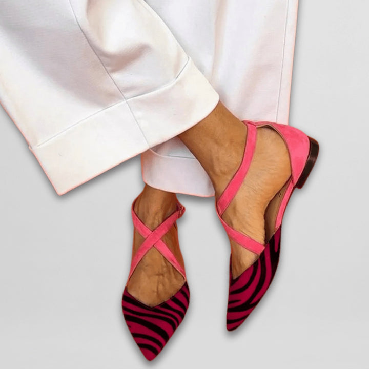 Women's Zebra Print Ballet Flats with Crossed Ankle Straps