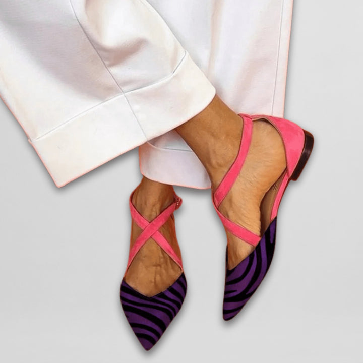 Women's Zebra Print Ballet Flats with Crossed Ankle Straps